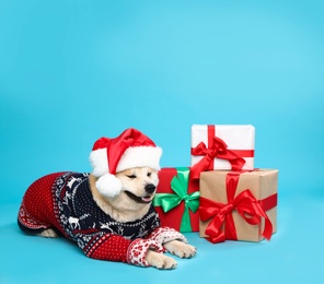 Photo of Cute Akita Inu dog in Christmas sweater and Santa hat near gift boxes on blue background