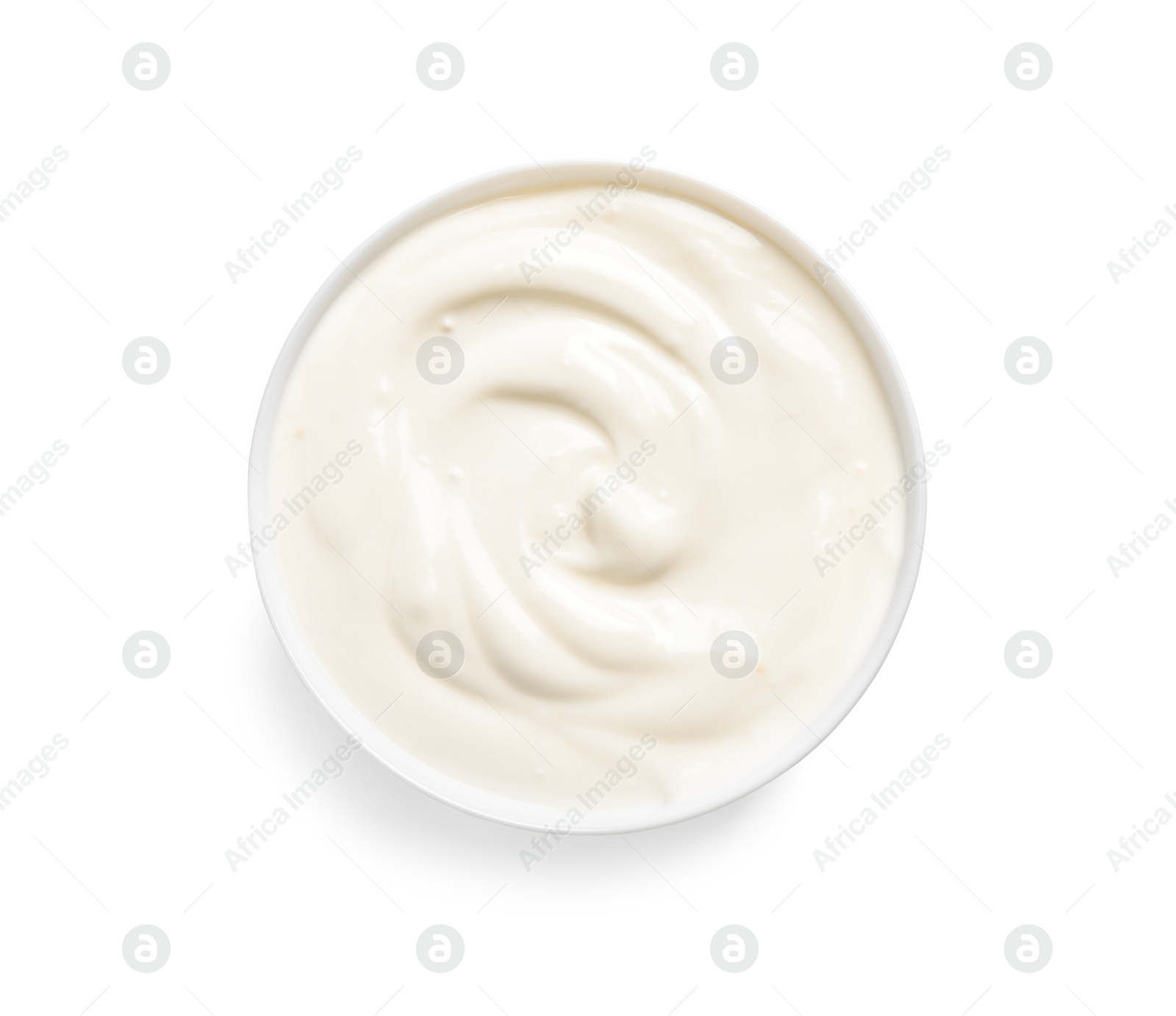Photo of Bowl with creamy yogurt on white background, top view