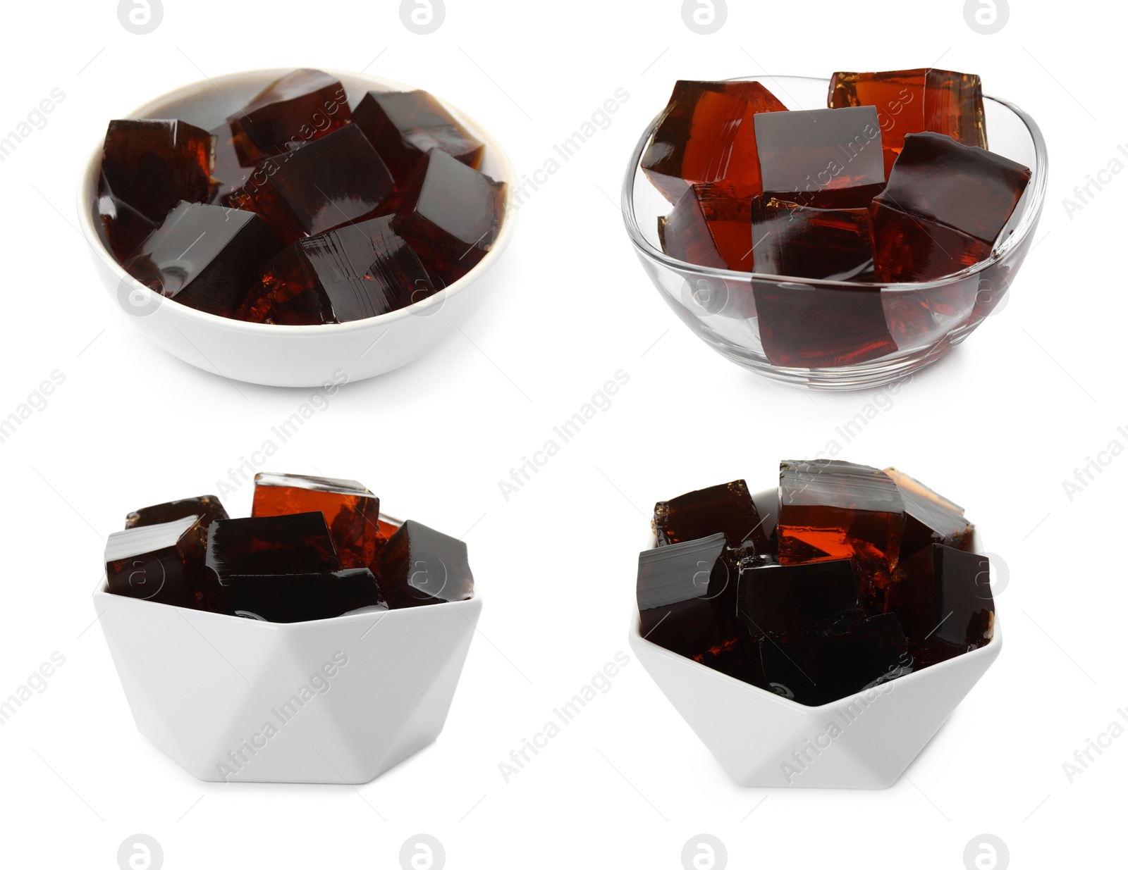 Image of Set with tasty grass jelly cubes on white background