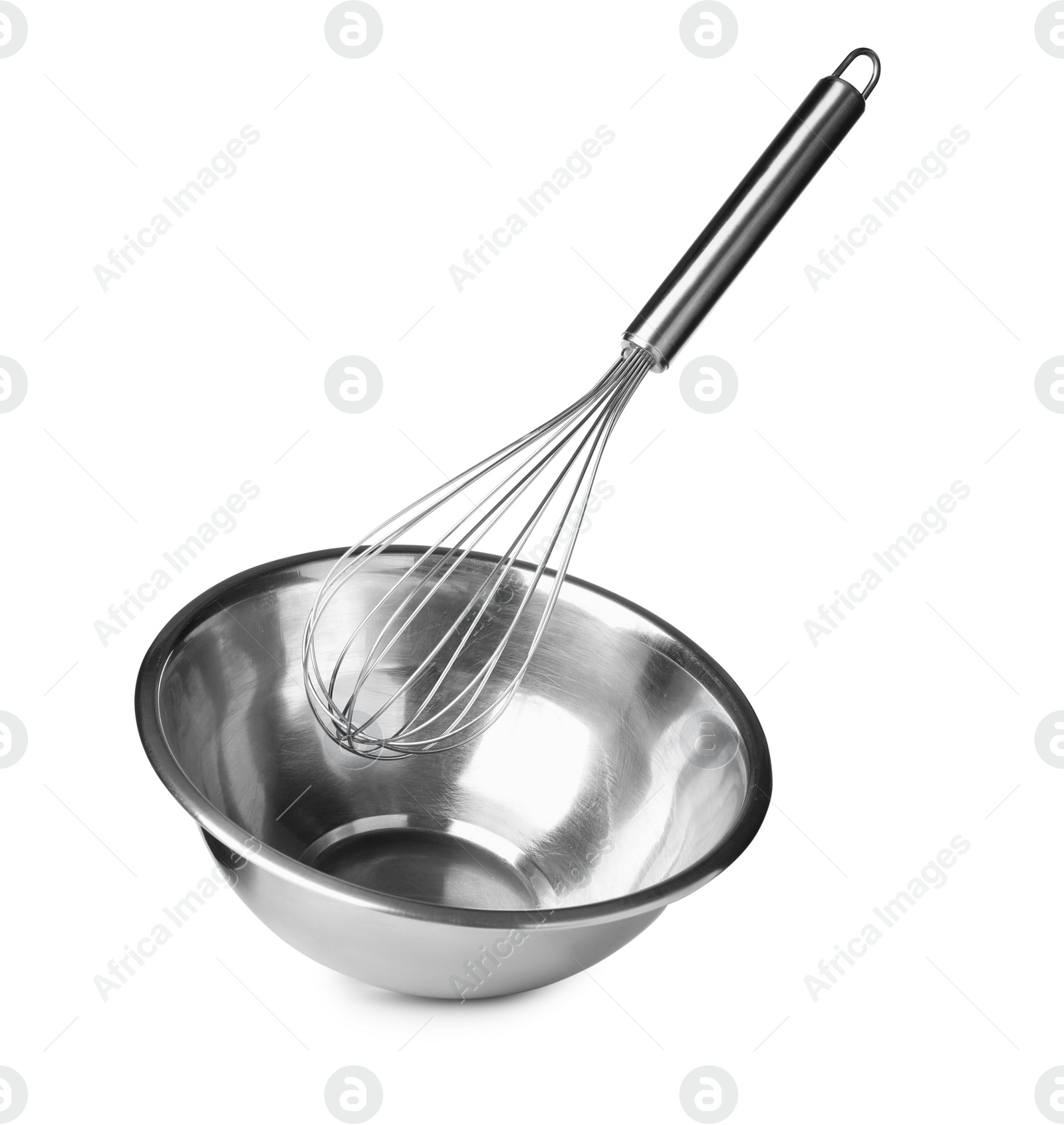 Photo of Metal balloon whisk and bowl on white background