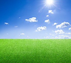 Image of Green grass under blue sky with clouds