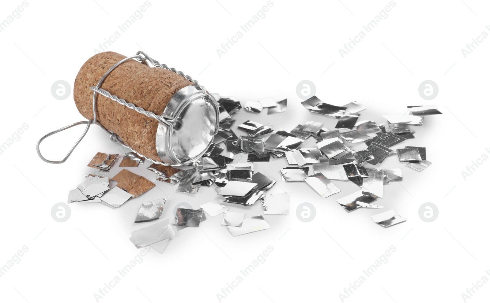 Photo of Cork of sparkling wine with muselet cap and shiny silver confetti on white background