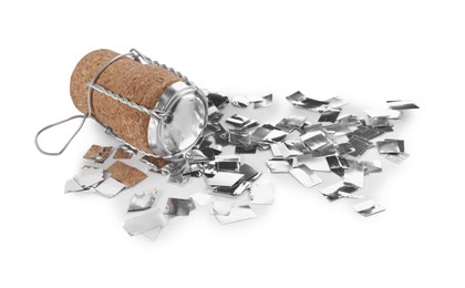 Photo of Cork of sparkling wine with muselet cap and shiny silver confetti on white background