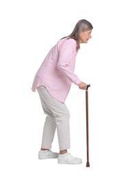 Photo of Senior woman with walking cane on white background