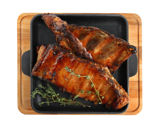 Tasty grilled ribs with thyme isolated on white, top view