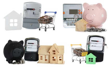 Set of different electricity meters, house models, piggy banks and coins on white background