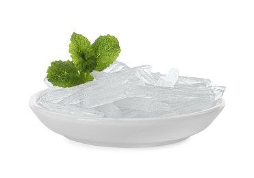 Photo of Menthol crystals and fresh mint leaves in bowl on white background
