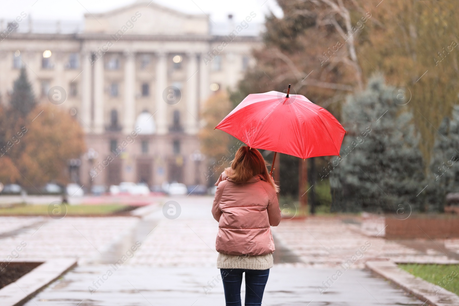 Photo of Woman with umbrella in city on autumn rainy day