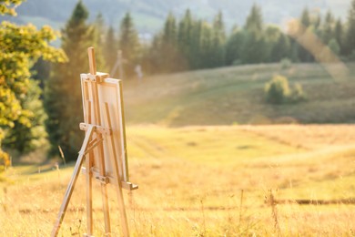 Photo of Wooden easel with canvas in nature on sunny day. Space for text