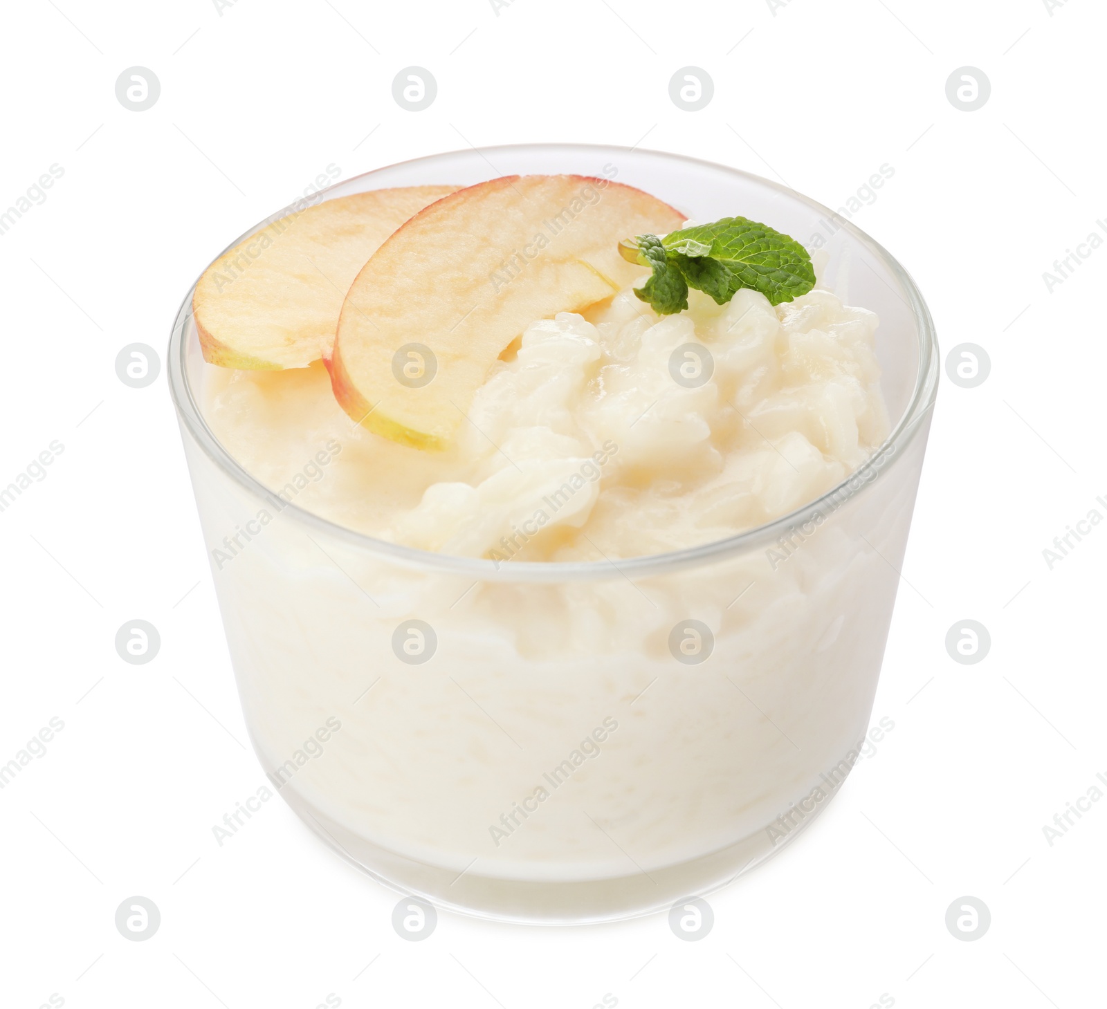 Photo of Delicious rice pudding with apple and mint isolated on white