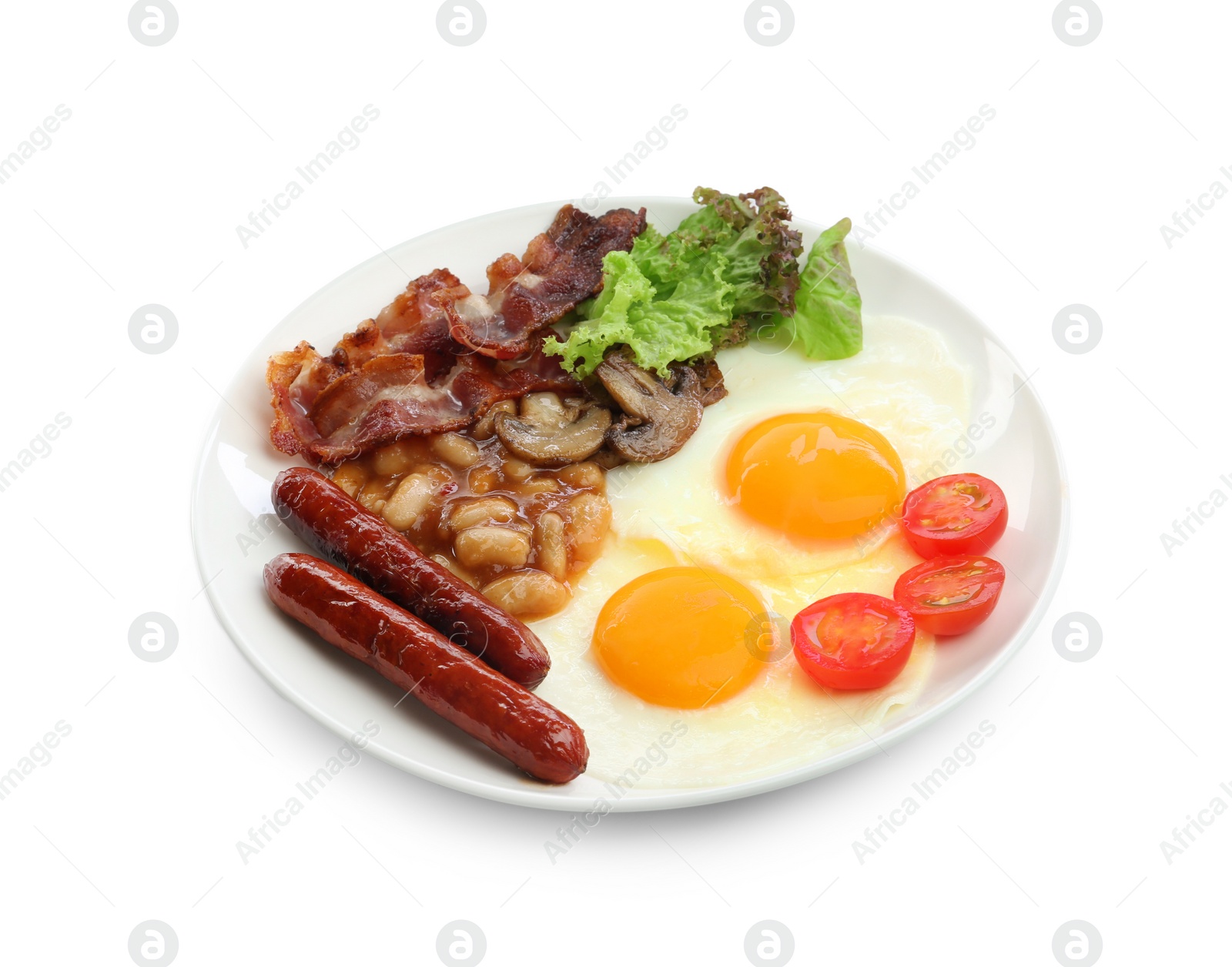 Photo of Delicious breakfast with sunny side up eggs isolated on white