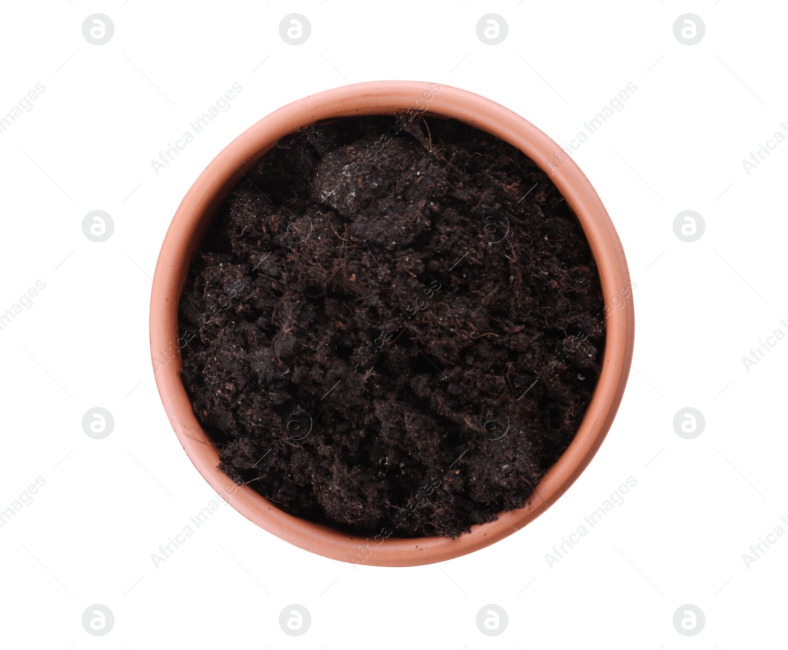 Photo of Stylish terracotta flower pot with soil isolated on white, top view