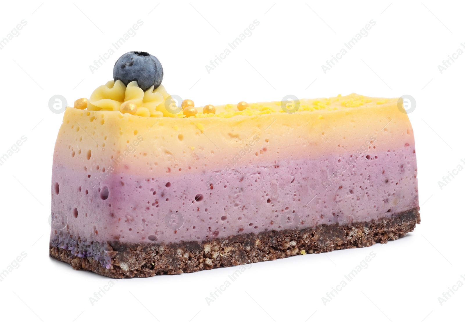 Photo of Piece of delicious cheesecake with lemon and blueberry isolated on white