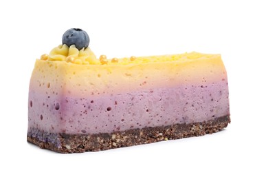 Piece of delicious cheesecake with lemon and blueberry isolated on white