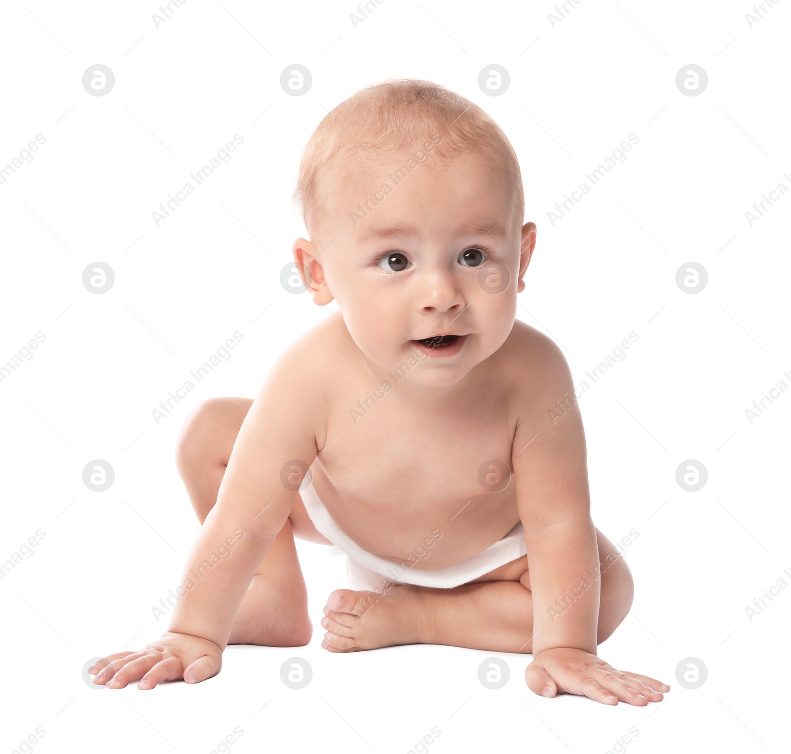 Photo of Cute little baby sitting on white background