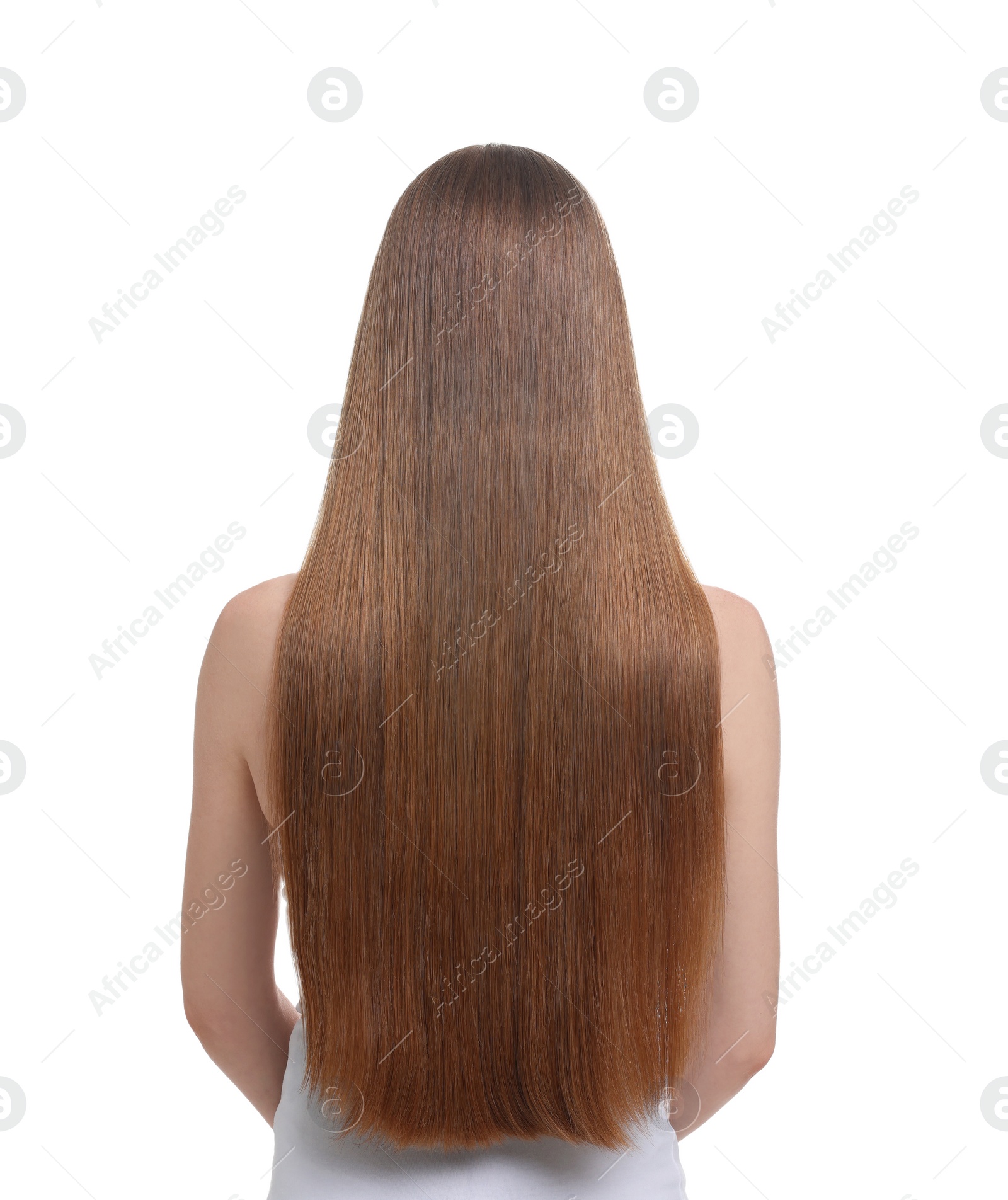 Photo of Woman with healthy hair on white background, back view