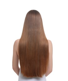 Photo of Woman with healthy hair on white background, back view