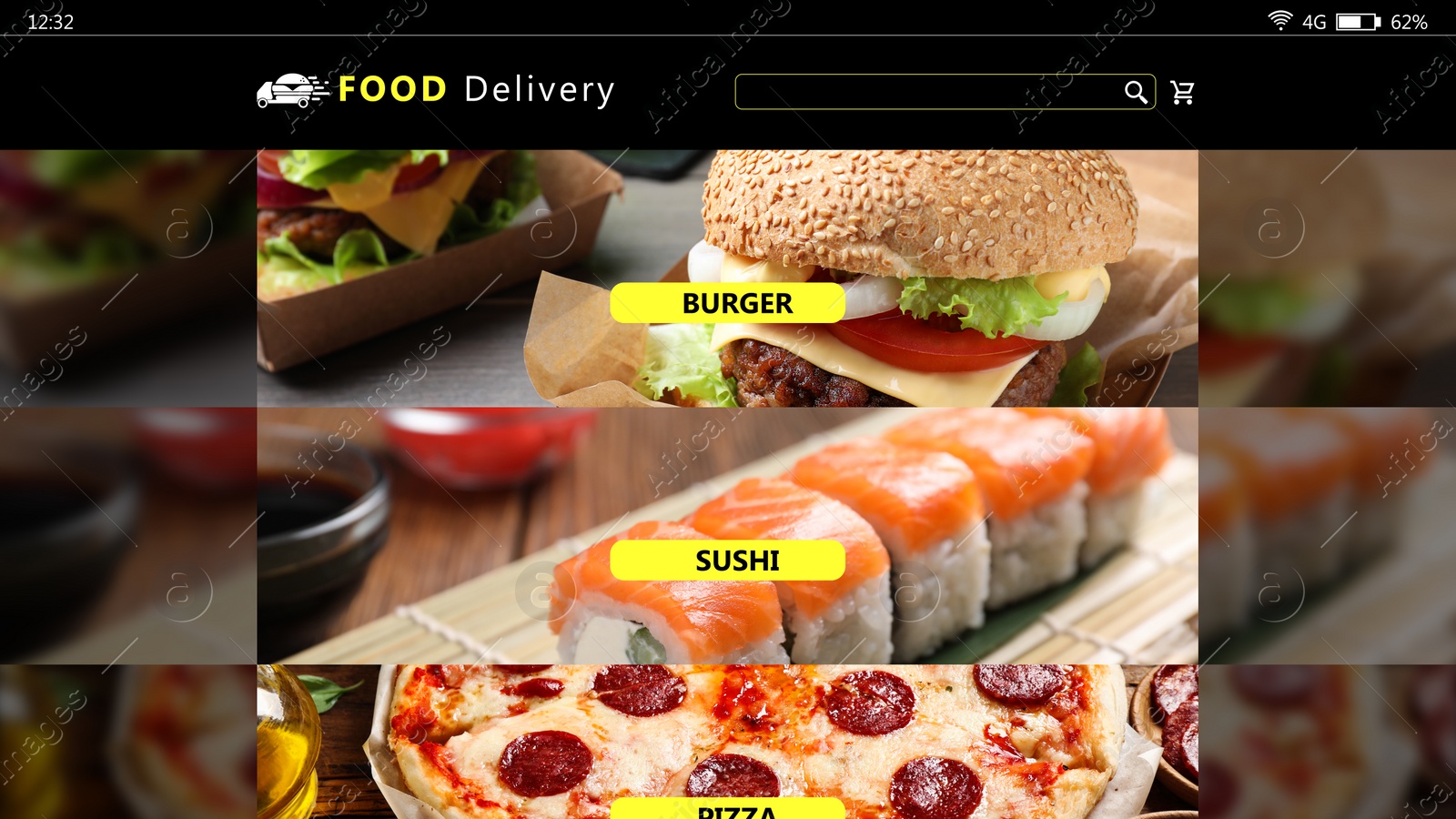 Image of Food delivery app. Display with appetizing menu