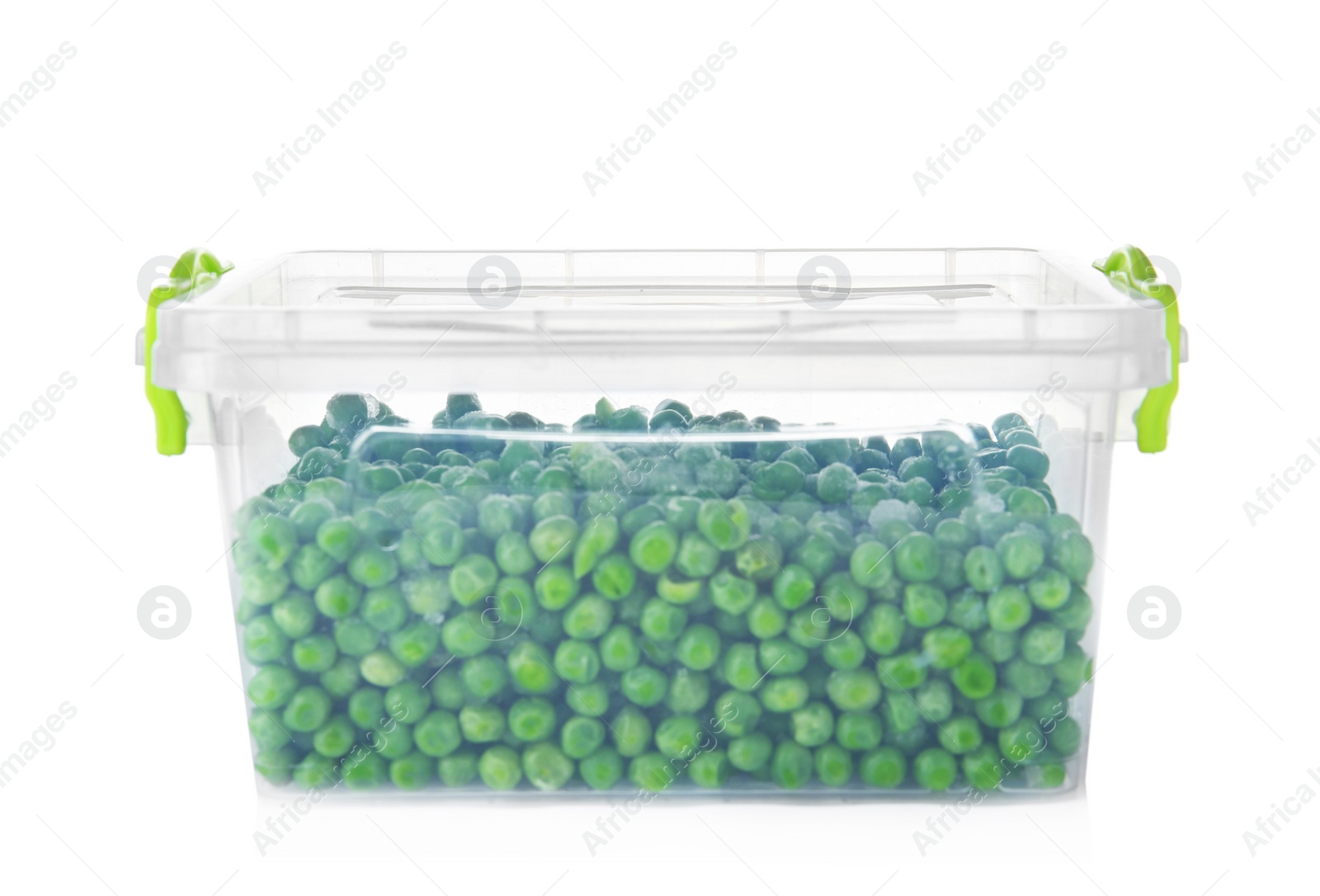 Photo of Plastic container with frozen peas on white background. Vegetable preservation