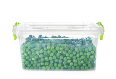 Plastic container with frozen peas on white background. Vegetable preservation