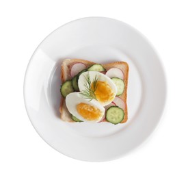 Photo of Delicious sandwich with boiled egg, cucumber and radish slices isolated on white, top view
