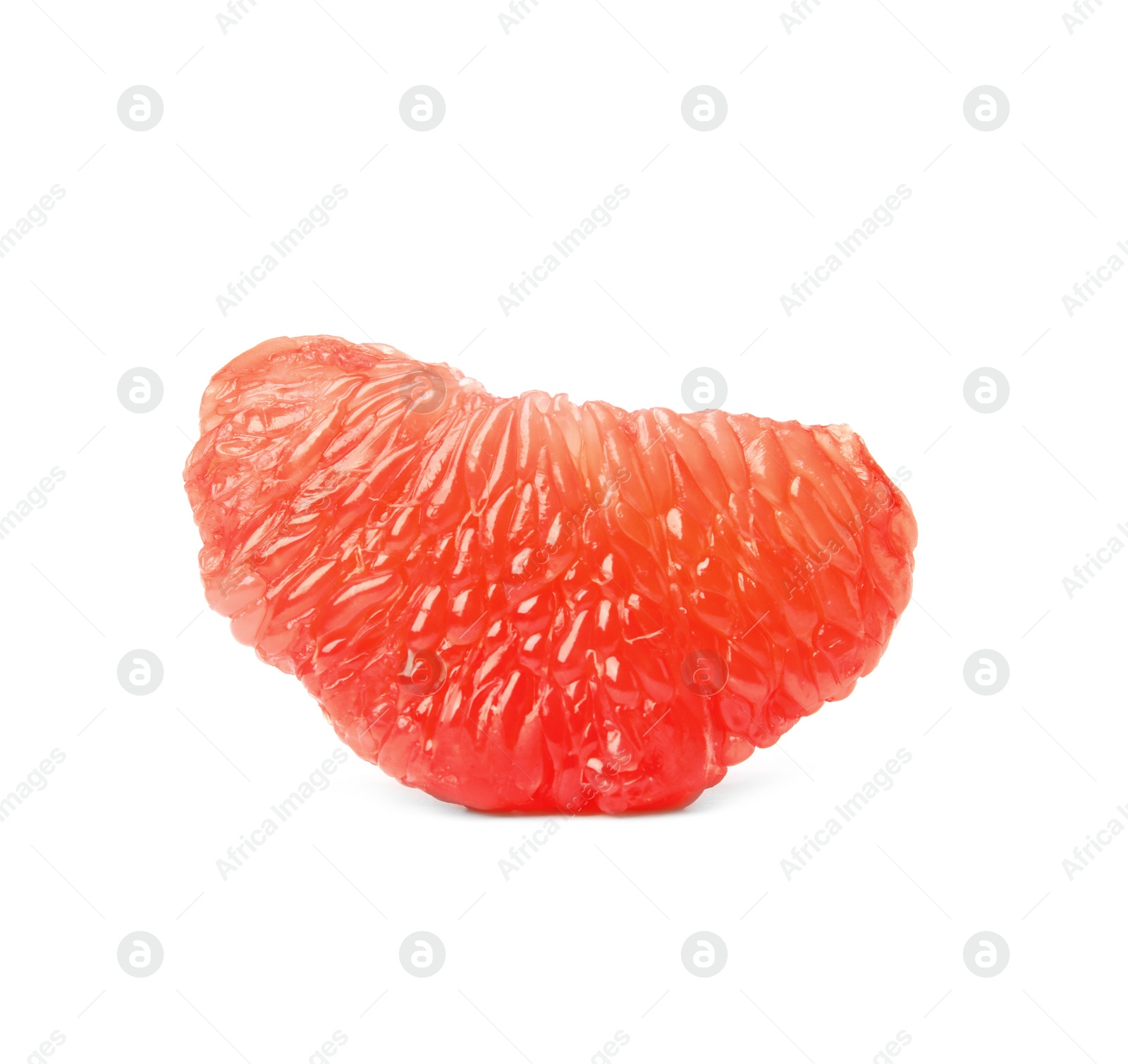 Photo of Slice of ripe juicy grapefruit on white background