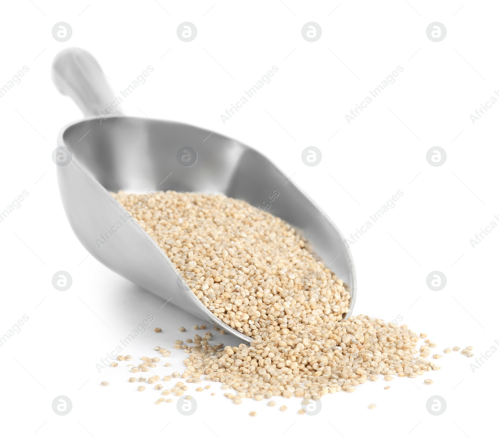 Photo of Metal scoop with quinoa on white background