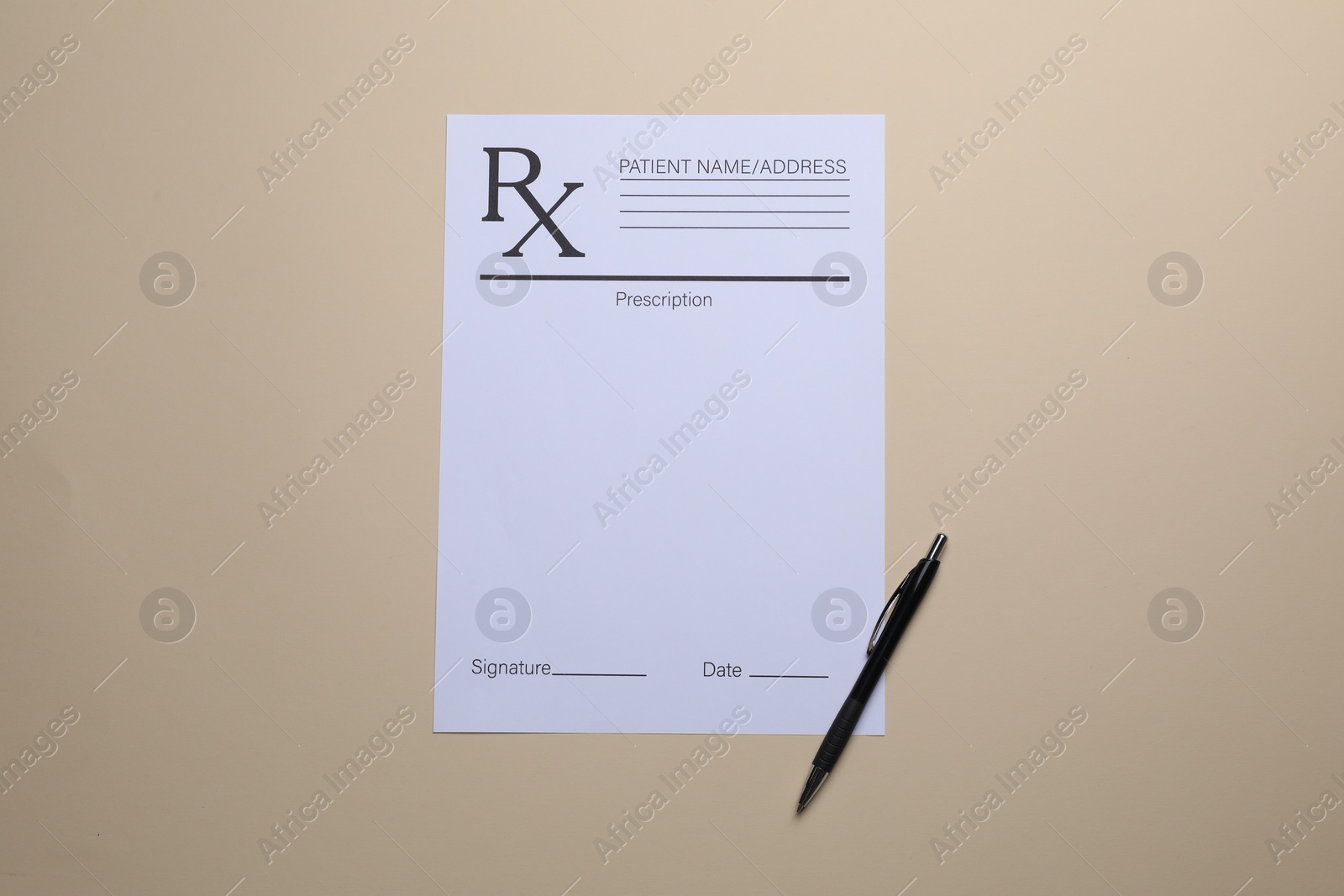 Photo of Medical prescription form and pen on beige background, top view