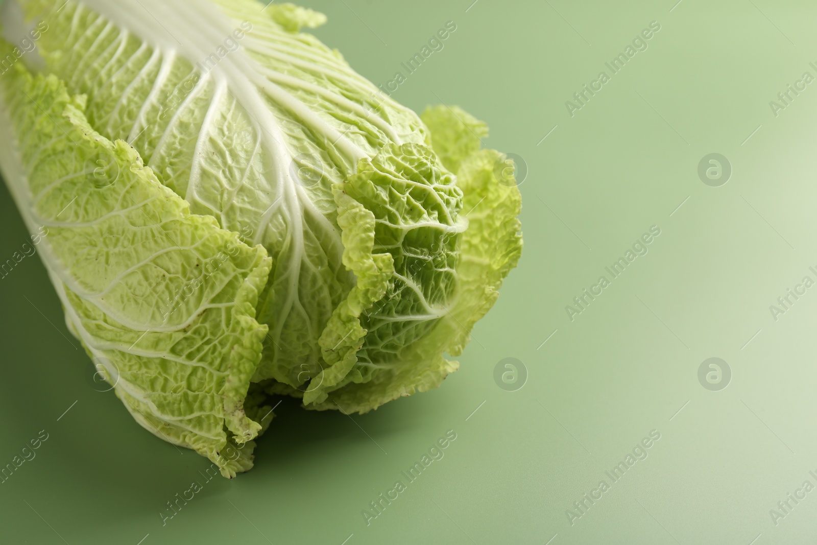 Photo of Fresh ripe Chinese cabbage on pale green background, closeup. Space for text