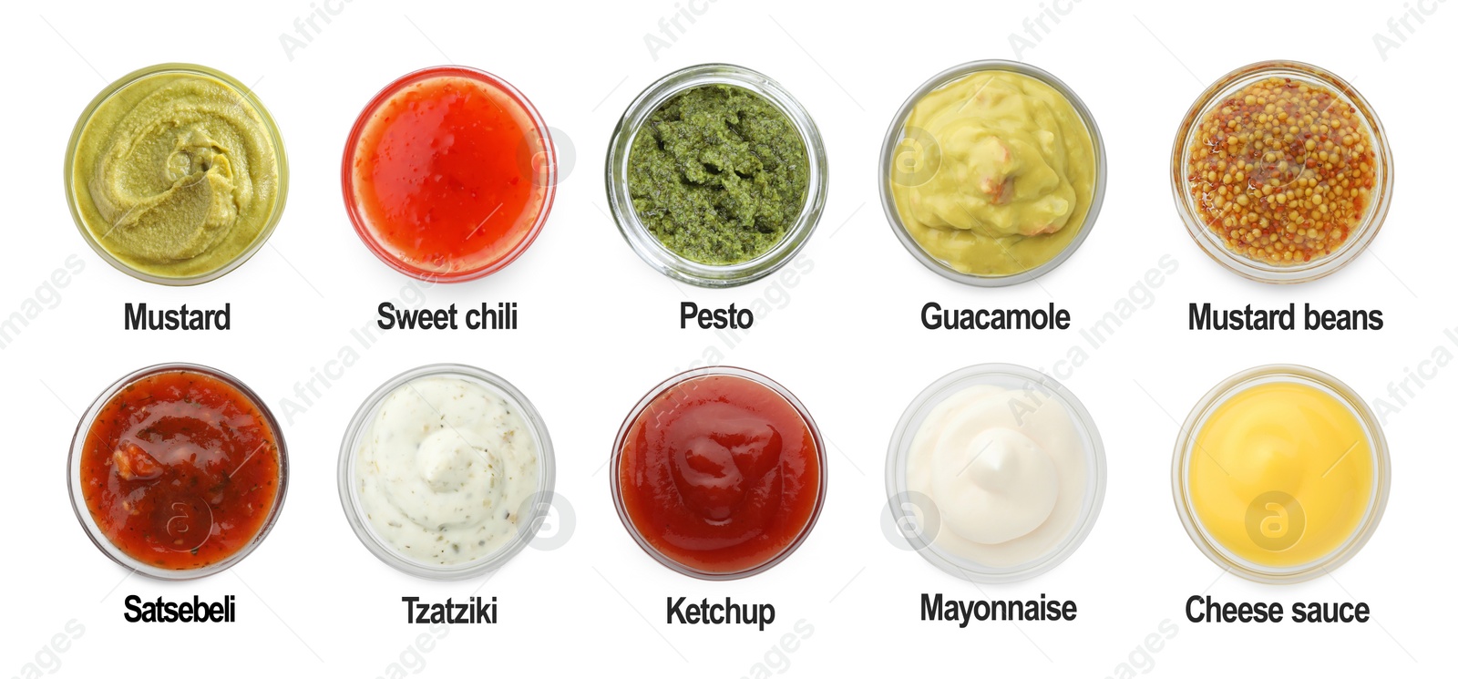 Image of Set of different sauces in bowls and names isolated on white, top view