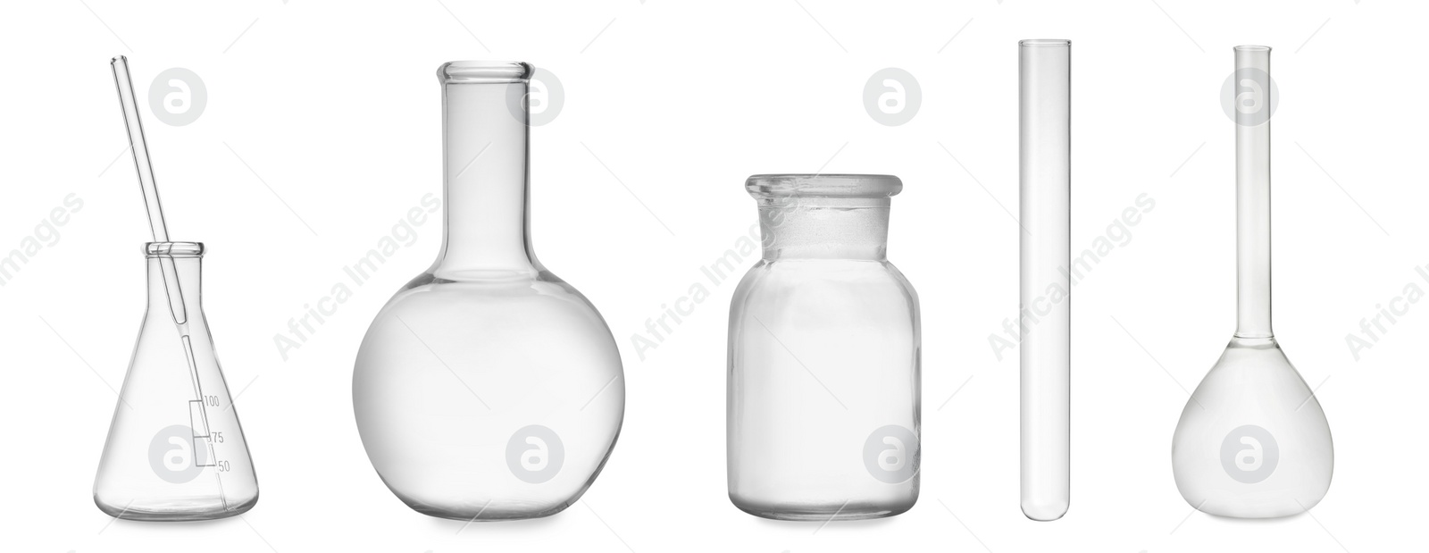 Image of Set of laboratory glassware on white background. Banner design