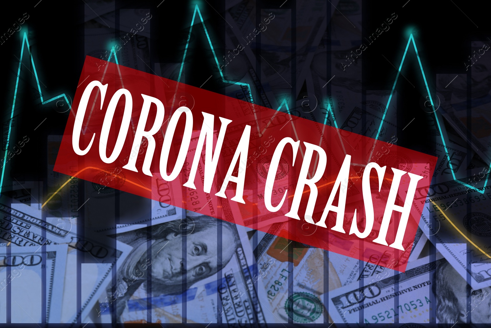 Image of Text CORONA CRASH and dollar banknotes on background