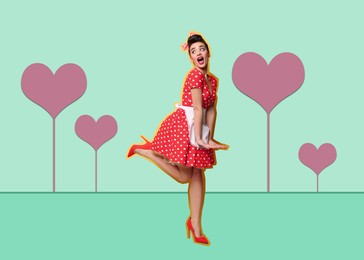 Image of Pop art poster. Young housewife on turquoise background with hearts, pin up style