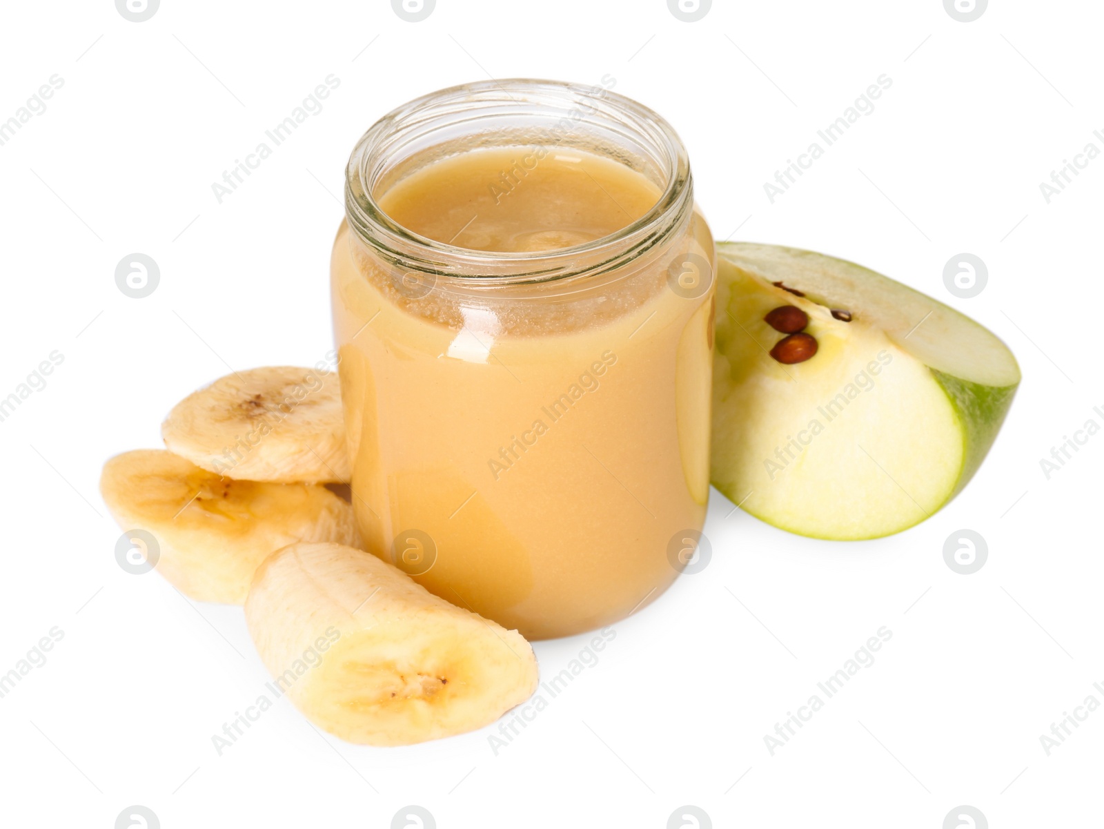 Photo of Tasty baby food in jar and fresh fruits isolated on white