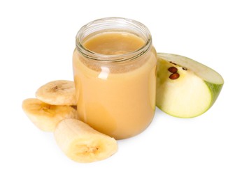 Tasty baby food in jar and fresh fruits isolated on white