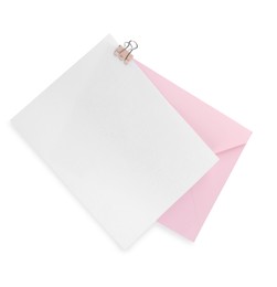 Blank card and letter envelope isolated on white, top view