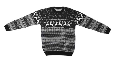 Photo of Black Christmas sweater with reindeer ornament isolated on white, top view