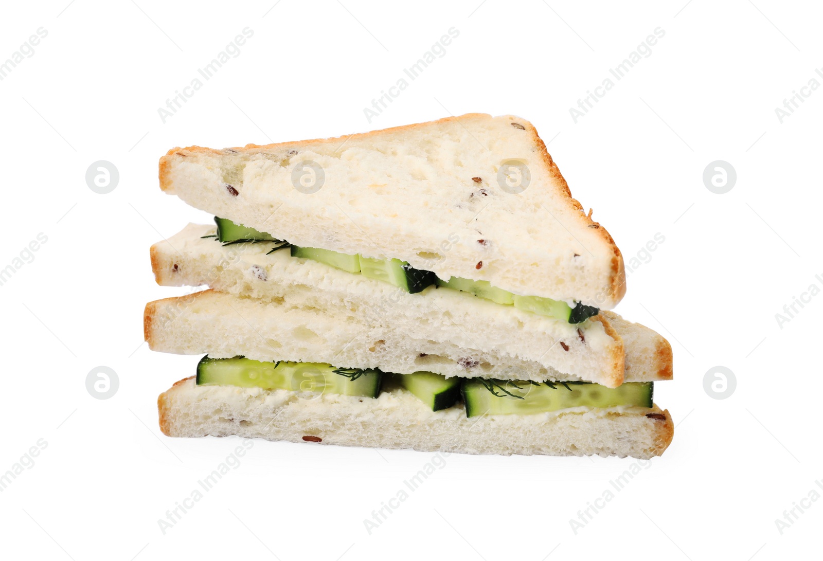 Photo of Tasty fresh cucumber sandwiches on white background