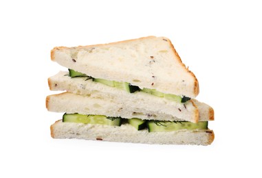 Photo of Tasty fresh cucumber sandwiches on white background