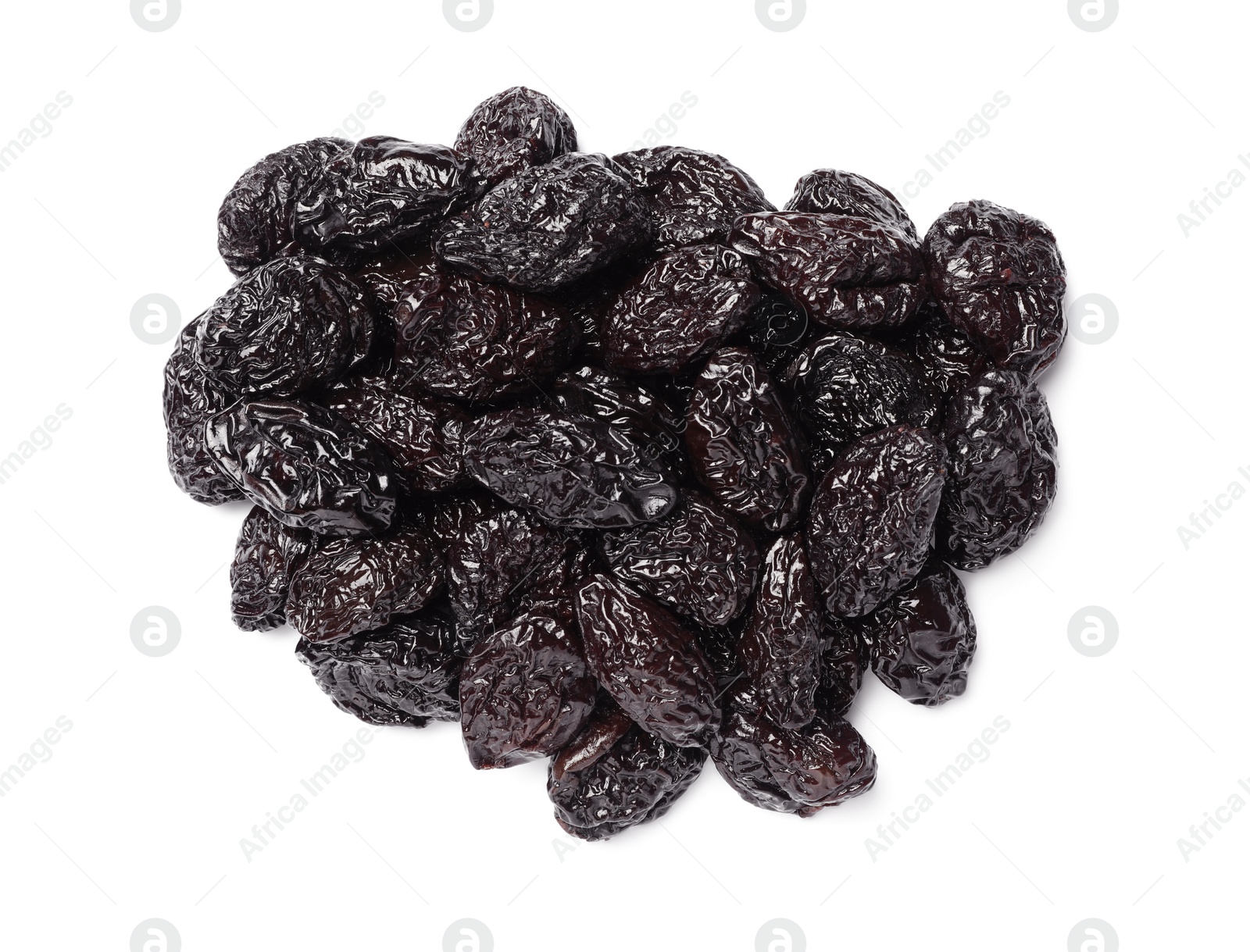 Photo of Heap of sweet dried prunes on white background, top view