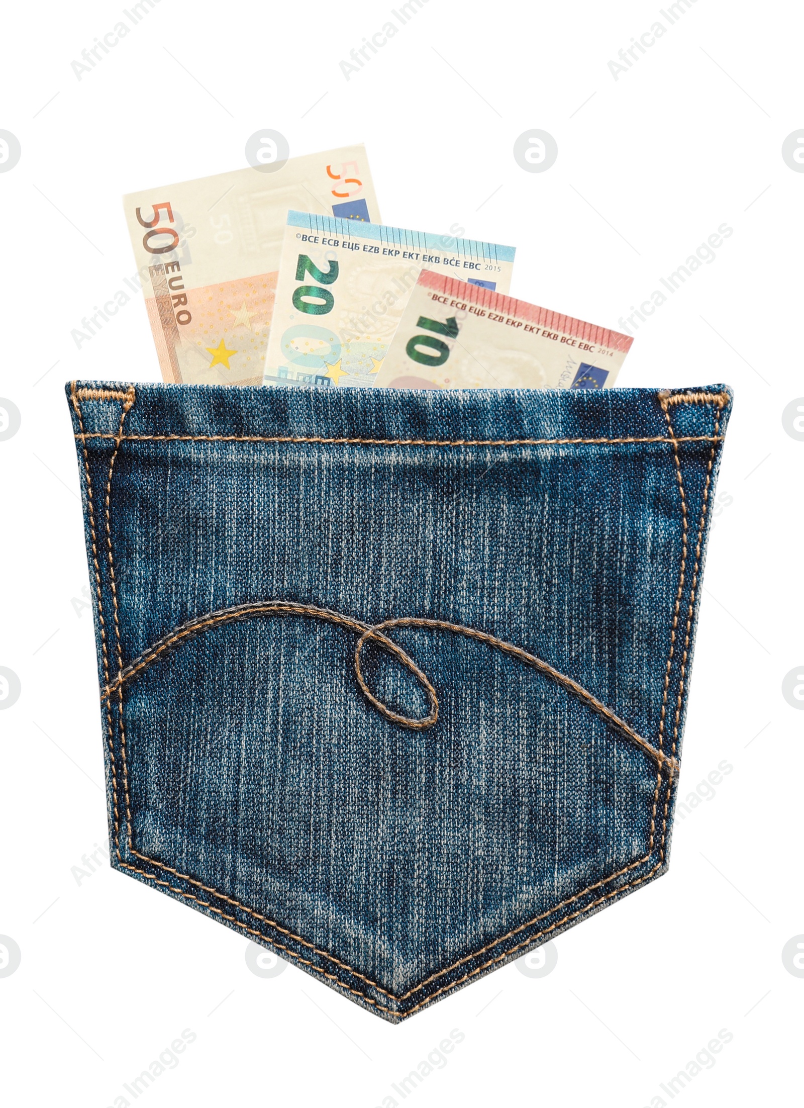 Image of Jeans pocket and euro banknotes isolated on white. Spending money