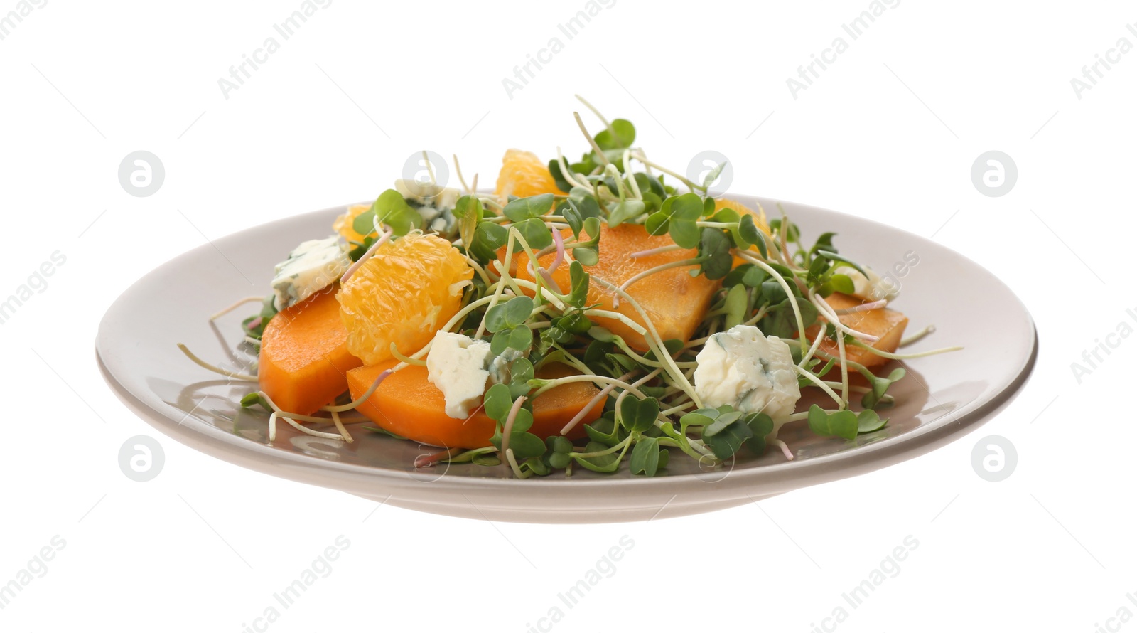 Photo of Delicious persimmon salad with blue cheese and orange isolated on white