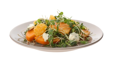 Delicious persimmon salad with blue cheese and orange isolated on white