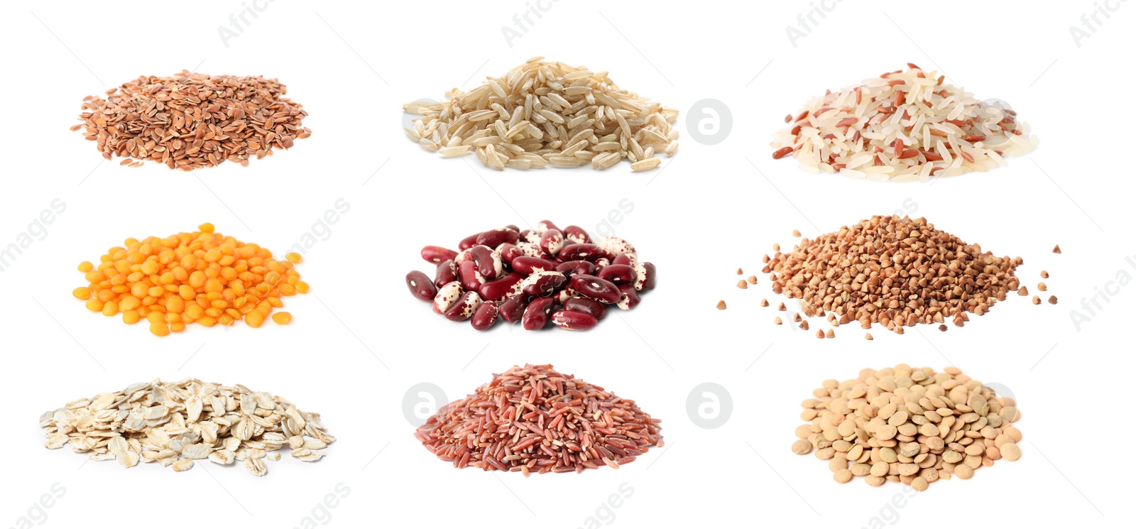 Image of Collage with piles of legumes, rice, cereals and linseeds on white background