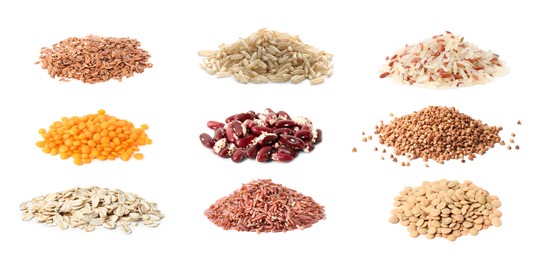 Image of Collage with piles of legumes, rice, cereals and linseeds on white background