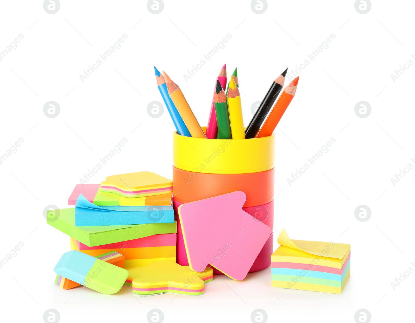 Photo of Set of colorful school stationery on white background