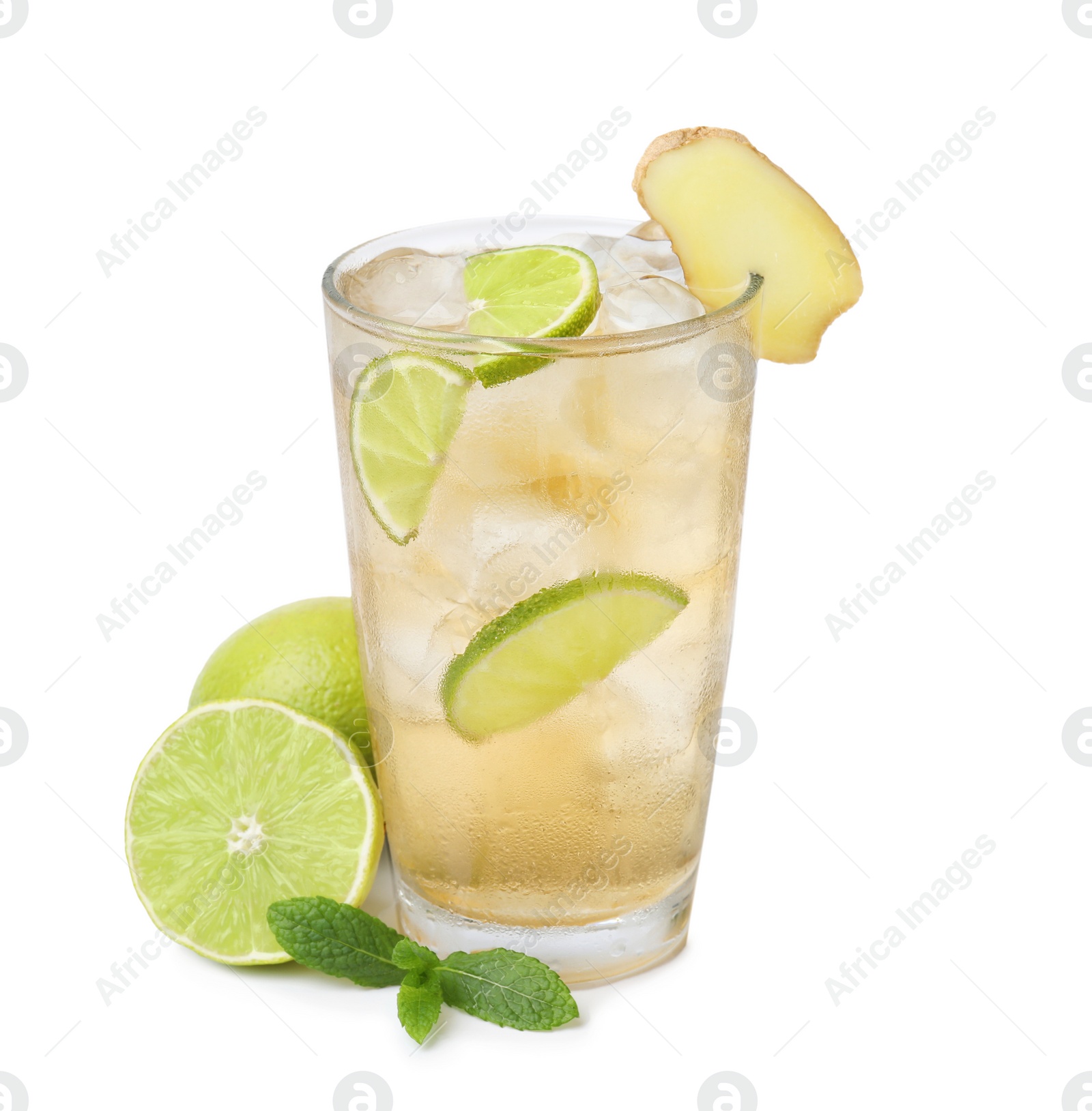 Photo of Glass of tasty ginger ale with ice cubes and ingredients isolated on white