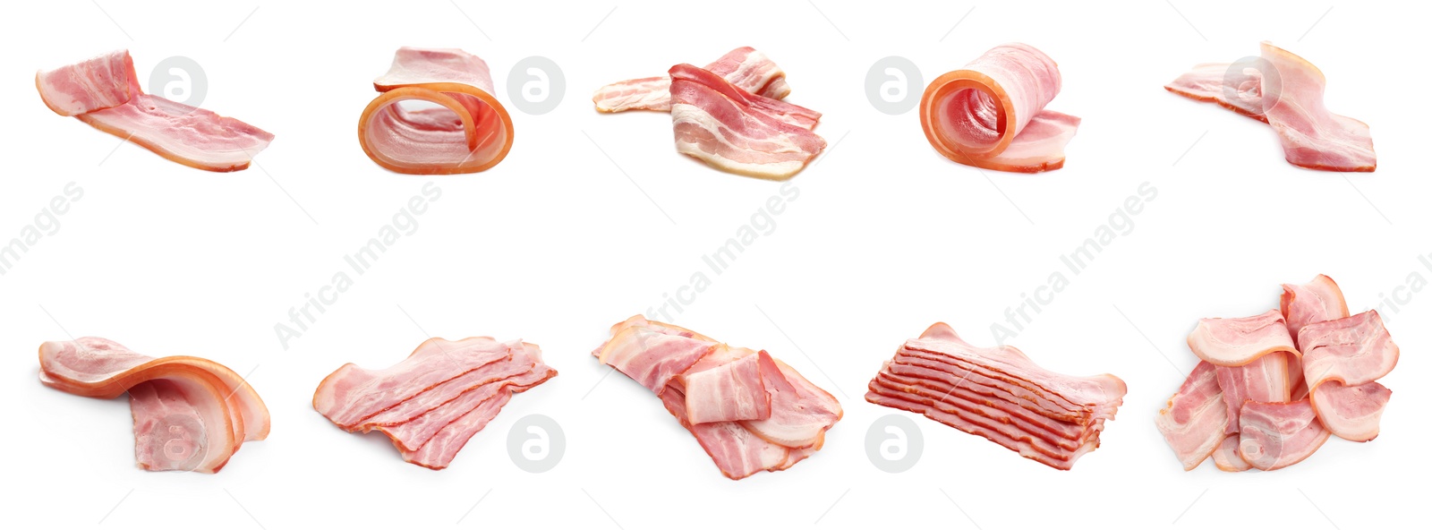 Image of Set with bacon slices on white background. Banner design