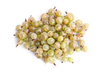 Photo of Pile of fresh ripe gooseberries on white background, top view