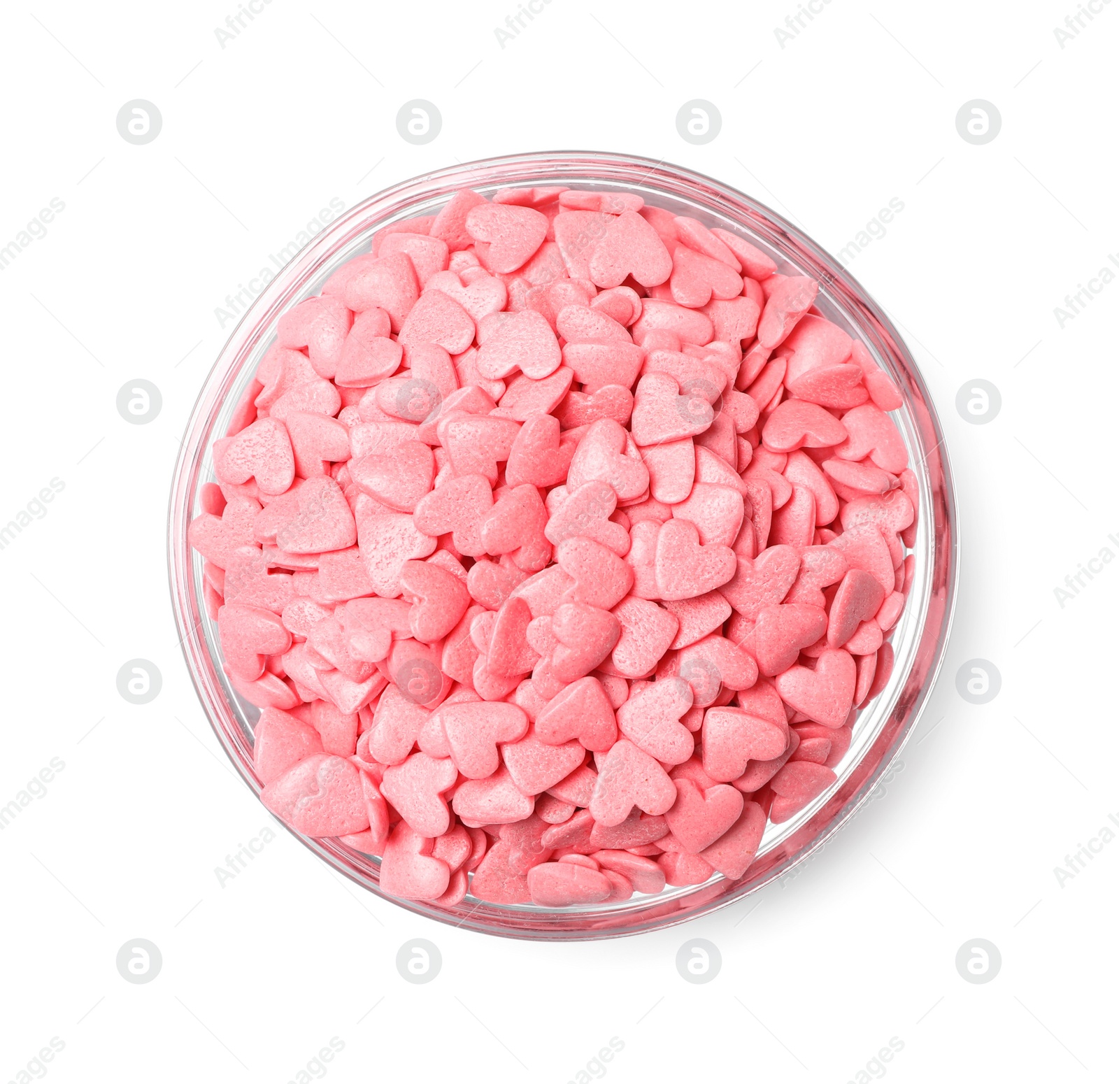 Photo of Sweet candy hearts in bowl on white background, top view